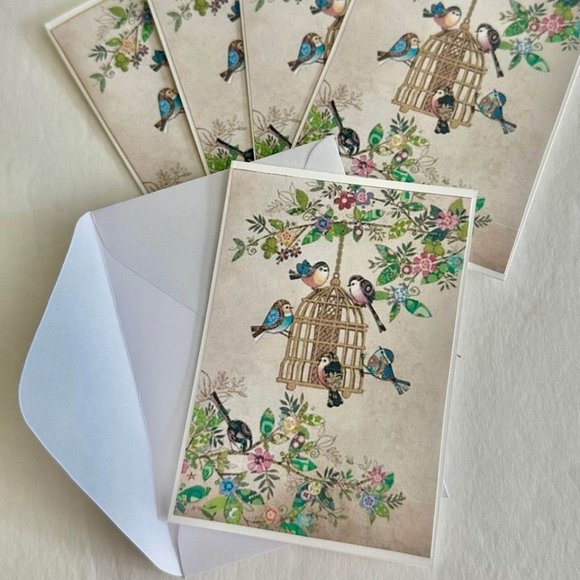 Set of 5-Birds w/Birdfeeder small handmade folded blank gift, greeting, journali - Picture 4 of 4